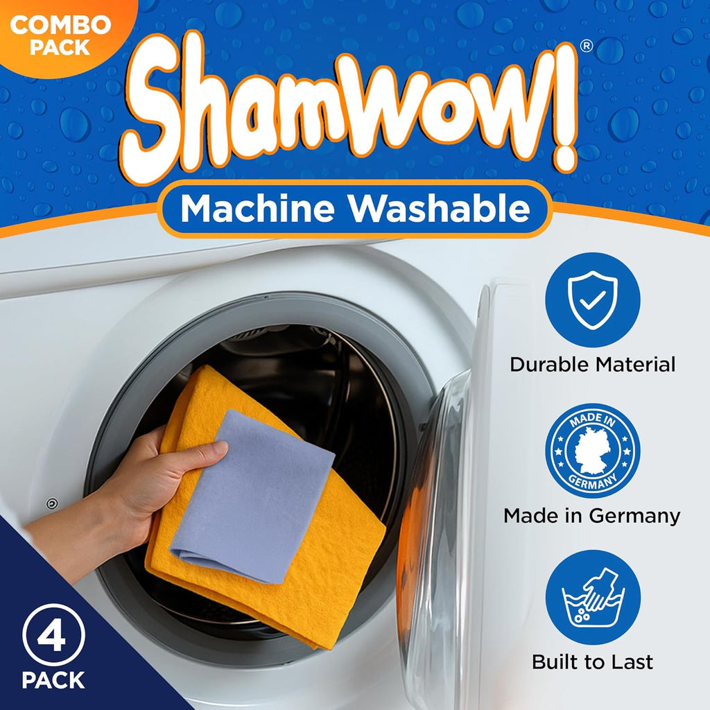 ShamWow Original Super Absorbent Multi-Purpose Cleaning Shammy Chamois Towel Cloth - Holds 10X its Weight in Liquid - Machine Washable - Will Not Scratch (4 Pack, Orange)