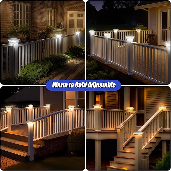 APONUO Deck Post Lights Solar Powered 6 Pack, Waterproof Outdoor LED Deck Lights for 4x4, 5x5, 6x6 Fence Posts, Warm/Cool White Light, All-Night Lighting, Auto On/Off, Patio Garden Yard Decor