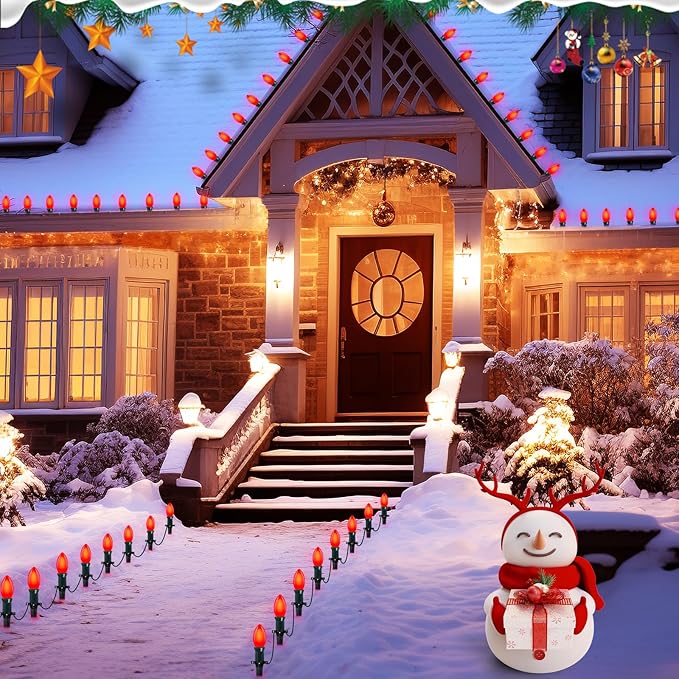 25 Pack Red Christmas Light Bulbs,C9 Glass Incandescent Red Replacement Bulbs for Night Light,C9/E17 Candelabra Base 7 Watt Great for Outdoor Indoor Holiday Christmas Valentine String Lights