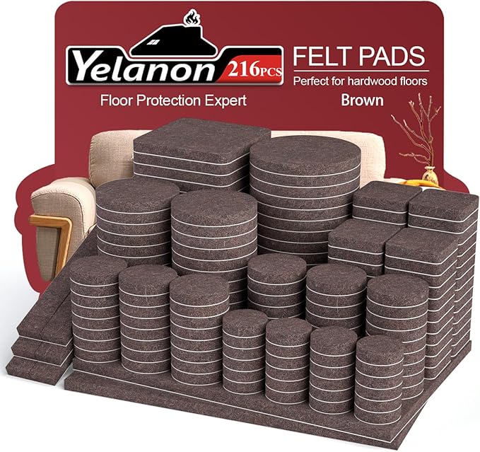 Yelanon Felt Furniture Pads for Hardwood Floors -216 Pcs Premium Felt Pads for Chair Legs, Floor Protectors for Furniture, Brown