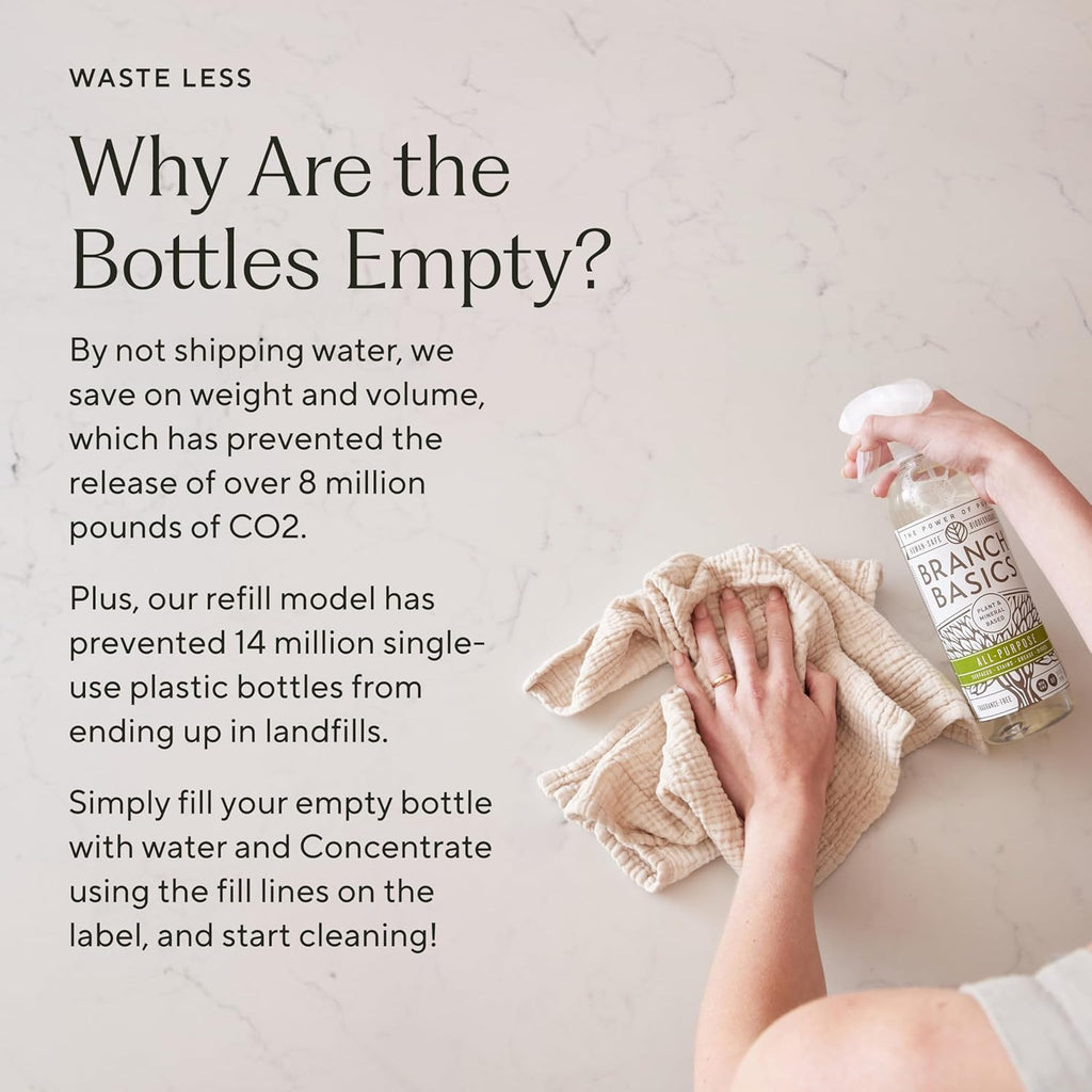 Branch Basics Cleaning Essentials Kit: All Purpose, Glass and Bathroom Cleaner - Concentrate (33.8 Oz) (17 Refills) + Refillable Plastic Spray Bottles (24 Oz) Plant Based, Human-Safe, & Fragrance Free