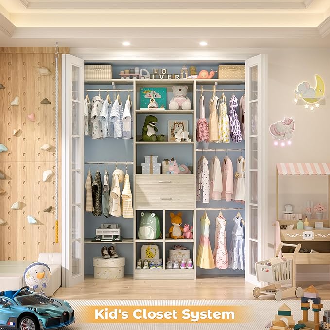 Small Closet System - 5FT Closet Organizer System with Wooden Drawers, 60 Inches Walk In Closet System With 5 Hanging Rods, Can Fit 1.58 to 6.8 FT with Reversible Hanging Shelving, Greige Oak