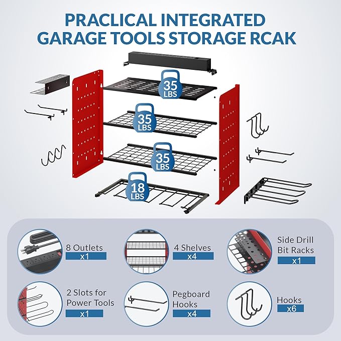 Power Tool Organizer with Charging Station, 4 Layers Garage Storage Rack with 6 Drill Holders, Father's Days Gift For Dad, Wall Mount Garage Organizer Built in 8 Outlets Power Strip, Red