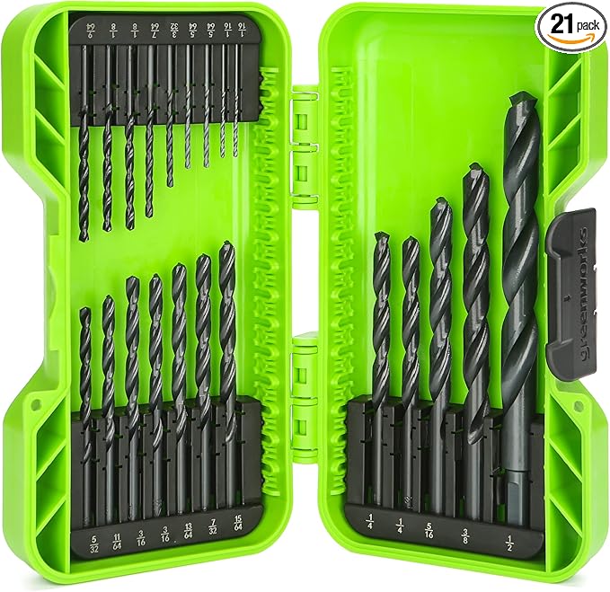 Greenworks 21 Pcs Black Oxide Drilling Bit Set,135 Degree Split Point, Black Oxide Coated, For Plastic, Wood and Metal