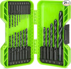 Greenworks 21 Pcs Black Oxide Drilling Bit Set,135 Degree Split Point, Black Oxide Coated, For Plastic, Wood and Metal