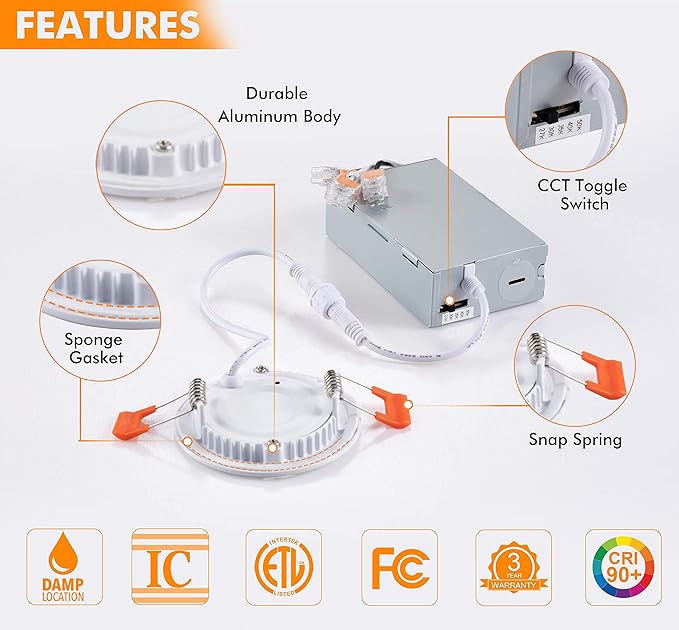CLOUDY BAY 3 inch 5 Color Ultra Thin LED Recessed Light with Junction Box, Canless Wafer Downlight, IC Rated, 8W CRI90+, 5 Color Temperature Selectable, Illumination Diameter 1-7/8inch,White, 6 Pack
