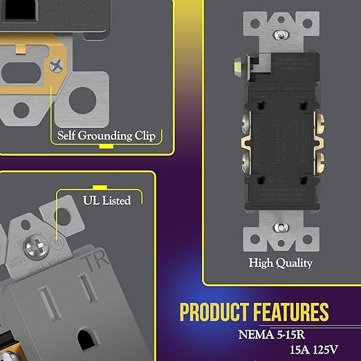 ENERLITES Elite Series Decorator Receptacle, Child Safe Tamper-Resistant Wall Outlet, Self-Grounding, Residential Grade, 15A 125V, 3-Pole, 3-Wire, UL Listed, 61501-TR-SG-10PCS, Space Gray, 10 Pack