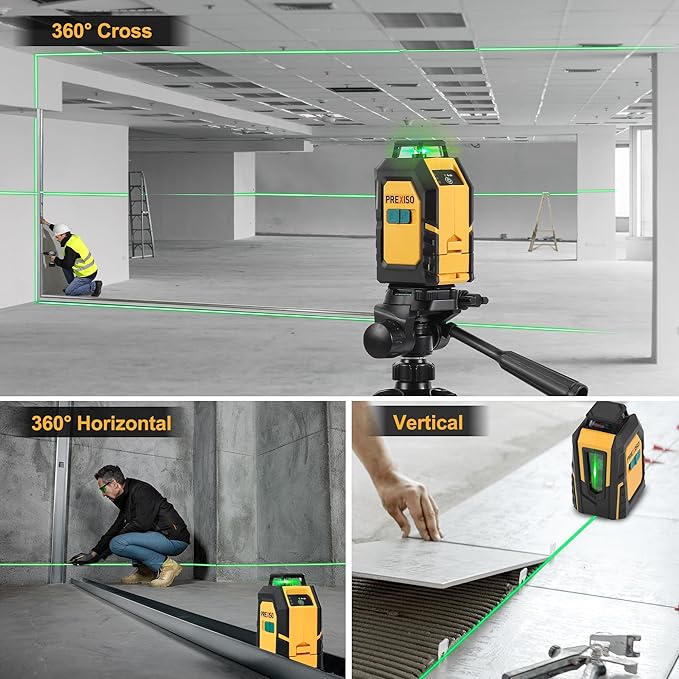 PREXISO 360° Laser Level with Tripod, 100Ft Cross Line Leveler- Green Horizontal Line Laser Level Self Leveling for Construction, Floor Tile Renovation with Target Plate, Green Glasses, 4 AA Batteries