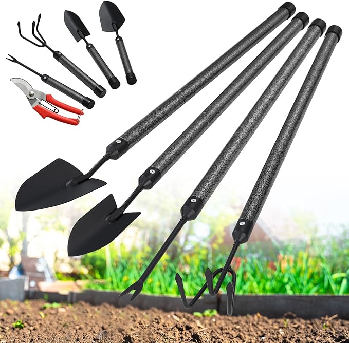 Garden Tool Set with Extended Long Handle, 5 Pieces Stainless Steel Gardening Tool Kit, Gifts for Parents and Kids Including Trowels, Hand rake, Weeder, Pruning Shears for Weeding Planting