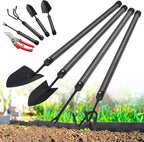 Garden Tool Set with Extended Long Handle, 5 Pieces Stainless Steel Gardening Tool Kit, Gifts for Parents and Kids Including Trowels, Hand rake, Weeder, Pruning Shears for Weeding Planting