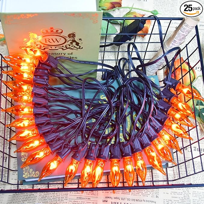 27.8Ft Fall Decor Flickering Flame String Lights Orange Halloween Lights with 25+2 Pack C7 Orange Flame Light Bulbs, Flame String Lights for Fall Halloween Decorations for Home Mantel Party Garden
