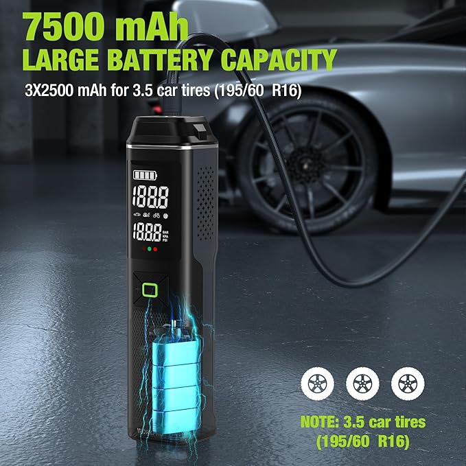 WORKPRO Portable Tire Inflator, 7.2V/12V Small/Mid/Large Air Compressor, Digital Display, Auto Shut-Off, 5 Modes, LED Light, High Airflow, for Car, Motorcycle, Bike, Balls