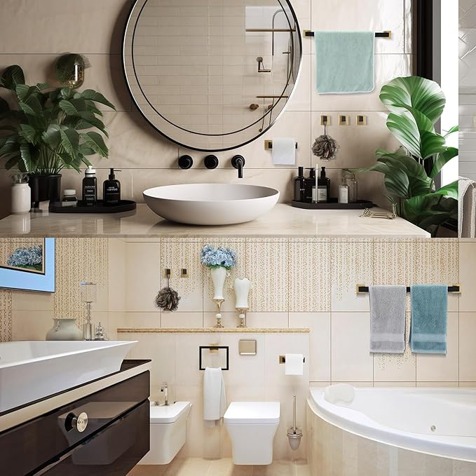 Gisafai 25 Pcs Bathroom Hardware Accessories Set 23.6 Inch Bath Towel Bar Kit Stainless Steel Bathroom Hardware Set Towel Racks Ring Hooks Paper Holder for Wall Mounted (Black Gold)