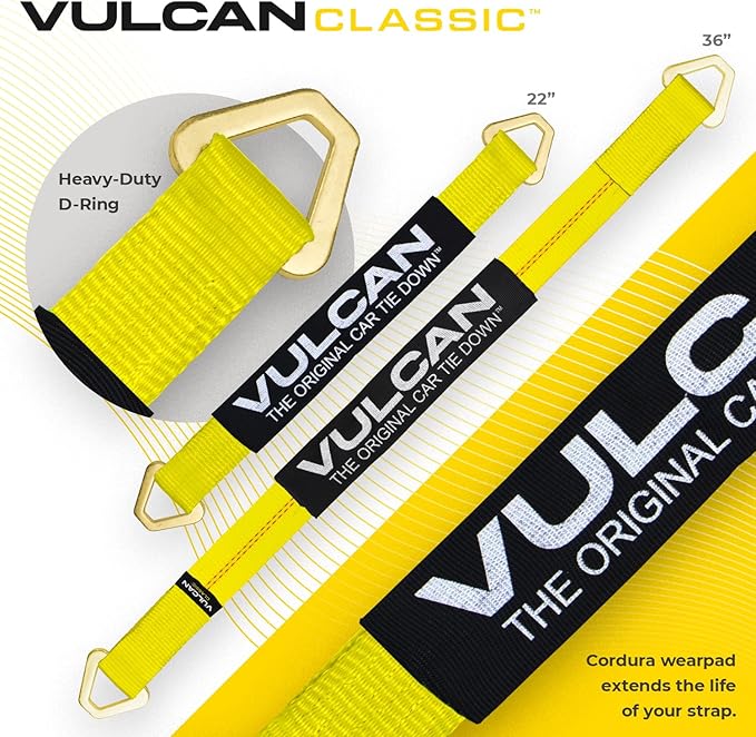 VULCAN Complete Axle Strap Tie Down Kit with Snap Hook Ratchet Straps - Classic Yellow - Includes (4) 22 Inch Axle Straps, (4) 36 Inch Axle Straps, and (4) 8' Snap Hook Ratchet Straps