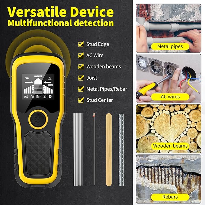 Stud Finder Wall Scanner, Advanced 5-in-1 Detector for Wood, Metal, Joists, Pipes, and AC Wires, New version Intelligent Chip, High-Definition LCD Display Screen & Audible Alarm (Light-Yellow)