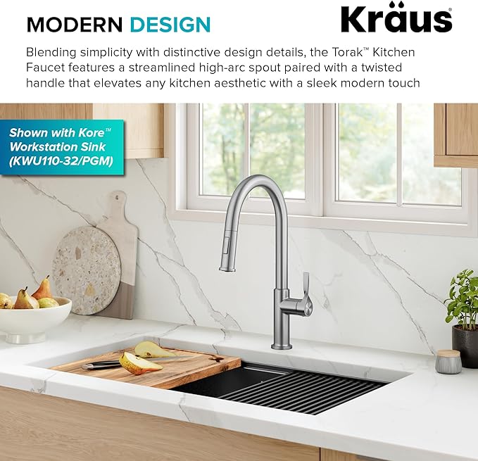 KRAUS Torak Pull Down Kitchen Faucet in Spot-Free Stainless Steel with 2 Function Sprayer, Pre-Attached Water Lines, and Mounting Hardware, KPF-2840SFS
