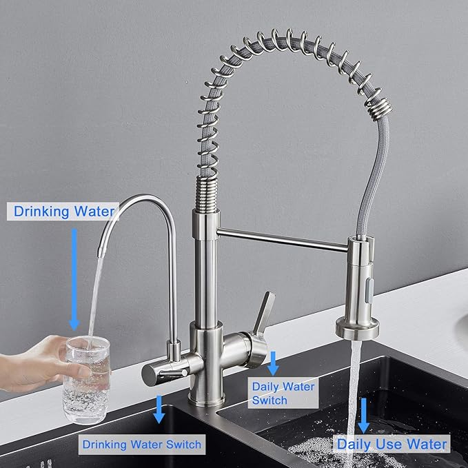 MENATT Purifier Kitchen Faucet, Commercial 3 in 1 Spring Drinking Water Faucet, Pull Down Water Filter Kitchen Sink Faucets (Brushed Nickel)