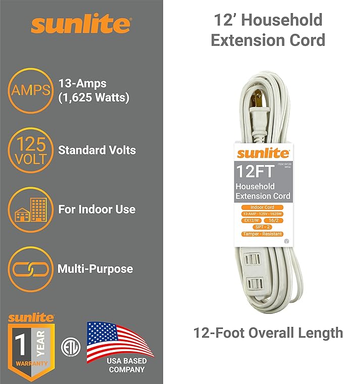 Sunlite 04120-SU 12-Foot Household Extension Cord, Three 2-Prong Polarized Sockets, Tamper Guards, Indoor Use, For Small Appliances, Electronics, Lamps, Fans, Mobile Devices, UL Listed, White