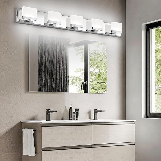 SineRise LED Modern Bathroom Vanity Light Fixtures (5-Light, 40-Inch, 5CCT), Chrome Modern Acrylic Bathroom Wall Lighting Fixtures Over Mirror (3000K/3500K/4000K/5000K/6000K)