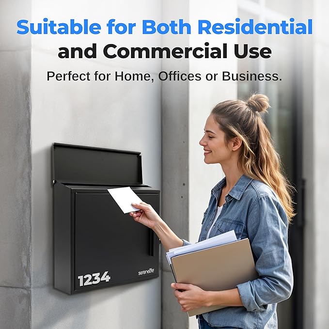 SereneLife Outdoor Wall Mailbox | 0.46 Cubic FT Locking Mailbox | Easy Installation, Secure Lock Mechanism | Ideal for Residential or Commercial Use | Wall Mountable 13.77" x 4.52" x 12.99 | Black