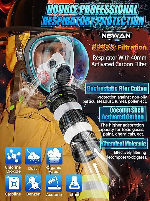 Full Face Gas Mask Respirator, Gas Masks Survival Nuclear and Chemical with 40mm Activated Carbon Filter & 6001 Filters, Respirator Mask for for Organic Vapor, Chemicals, Paint, Dust, Particles