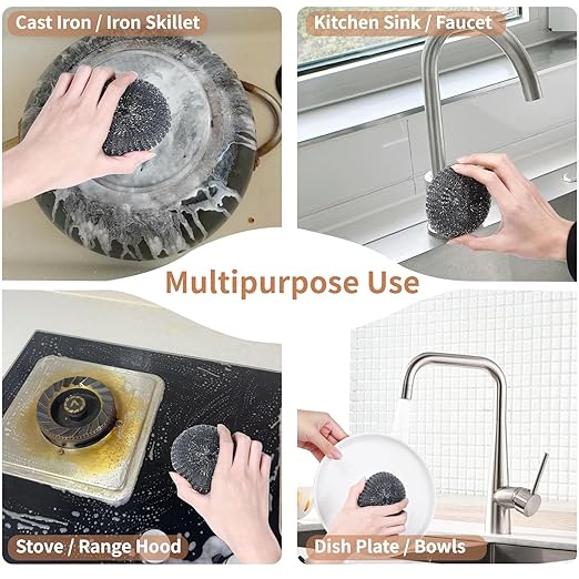 6PCS Steel Wool Scrubber Wire Sponge Set, Barbecue Grill Cleaning Scrubber Pads, Stainless Steel Scrubber Replacement for Scouring Messes from Cast Iron, Pots, Pans, Grill, Stoves, Sink (6 Pads)