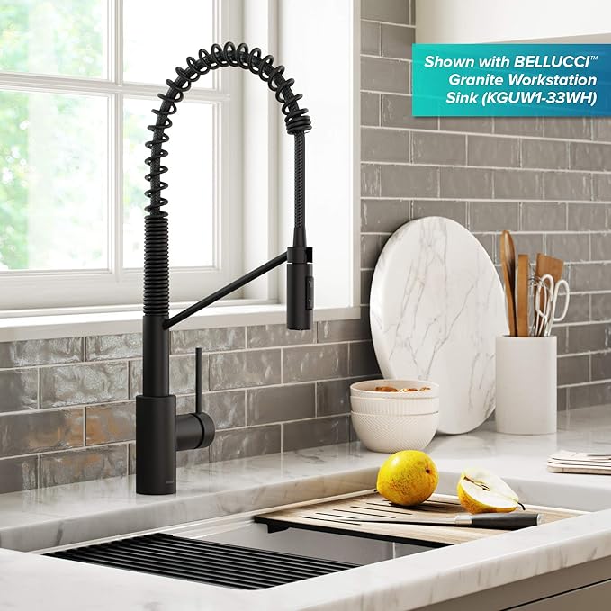 KRAUS Oletto Commercial Style Single Handle Pull Down Kitchen Faucet with QuickDock Top Mount Installation Assembly in Matte Black, KPF-2631MB