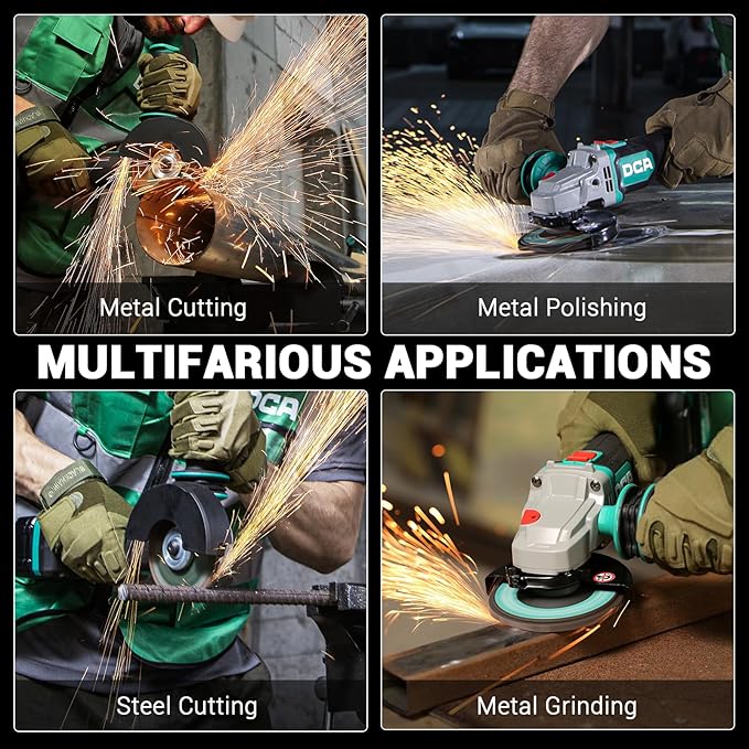 DCA Cordless Angle Grinder 4-1/2 inch, 20V Brushless Motor 8500RPM, Battery Grinder Tool-Free Guard, 4.0Ah Battery & Charger, Power Electric Cut Off Tool with 6 Discs for Cutting, Grinding, Polishing