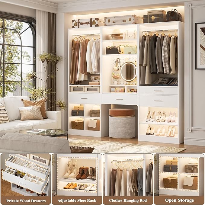 Unikito 75” Modular Closet System, Freestanding Closet Organizer with Hanging Rods and Drawers, Adjustable Clothes Garment Rack with Shoe Rack, Sturdy Walk in Closet Set for Bedroom, Mudroom, White