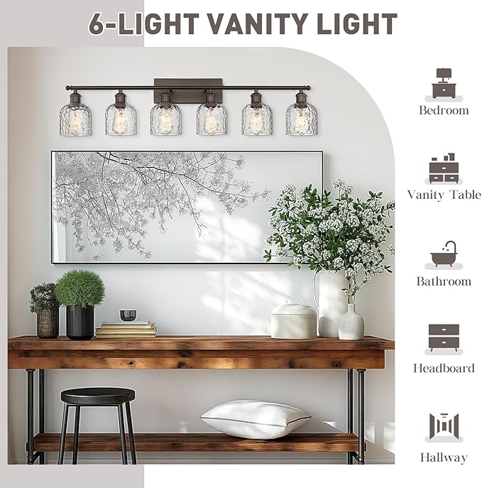 zeyu 6-Light Modern Vanity Light, 42'' Bathroom Lighting Fixtures Over Mirror, Oil Rubbed Bronze Finish with Clear Hammered Glass, ZJF63B-6W ORB