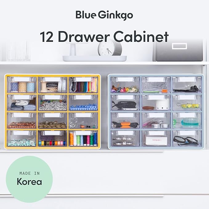 Blue Ginkgo Large 12-Drawer Cabinet – Stackable Clear Organizer for Hardware, Beads, Plastic Bricks, Office, and Craft Storage (Made in Korea, Blue)