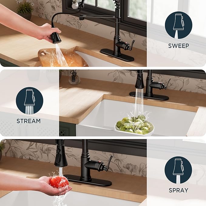 FORIOUS Rustic Kitchen Faucet with Pull Down Sprayer Oil Rubbed Brown, 3 Modes Stainless Steel High Arc Vintage Spring Sink Faucet 1 or 3 Holes for Pot Filler, Farmhouse Camper Wet Bar