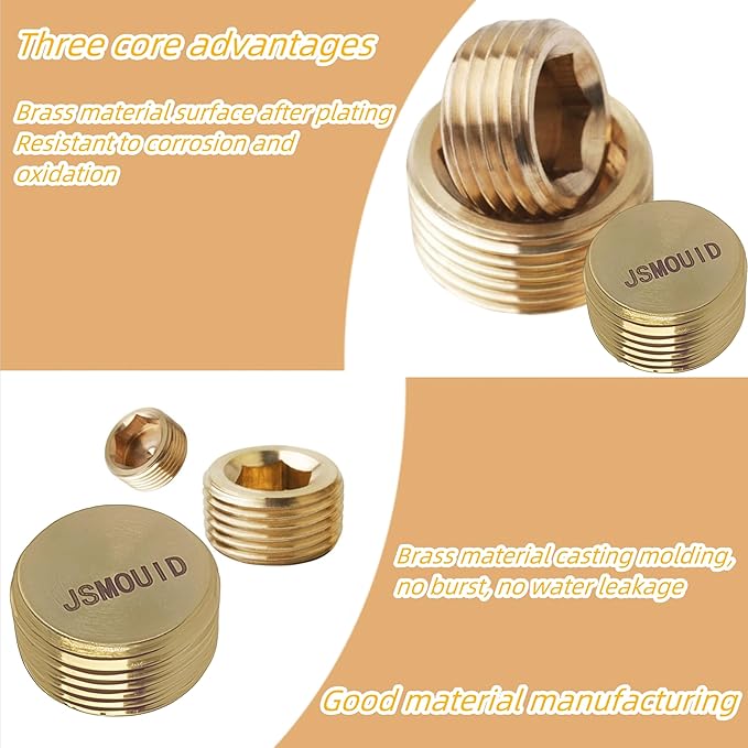 12PCS 3/8" NPT Brass Male Pipe Plug Fitting Hex Counter Sunk Pipe Plug (3/8" NPT)