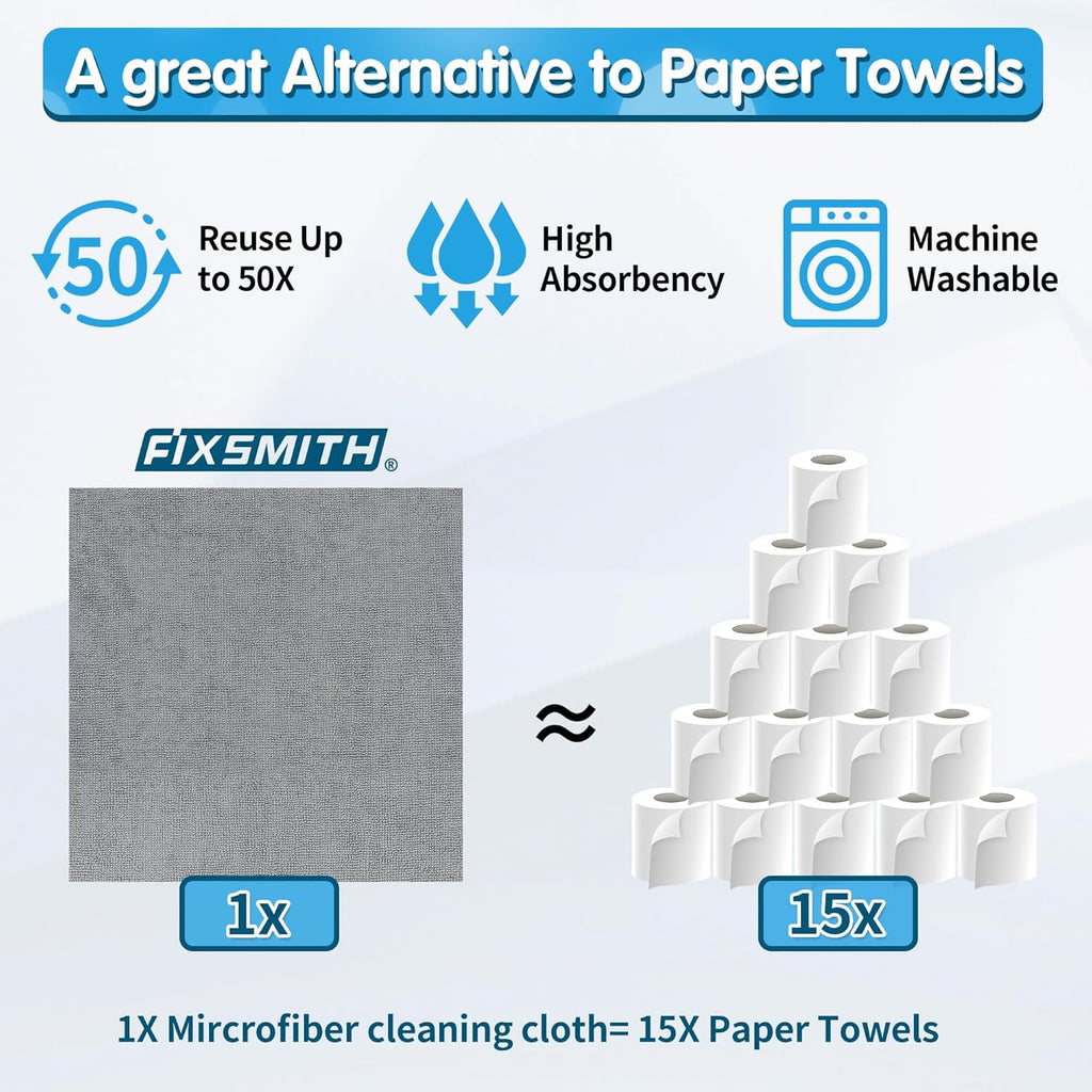 FIXSMITH Shop Towels, Pack of 150, Grey Microfiber Cleaning Cloth Bulk, Microfiber Towels for Cars, All-Purpose Absorbent Cleaning Rags, Dust Cloth for Automotive, Mechanic, Garage, 11.5 x 11.5 inch