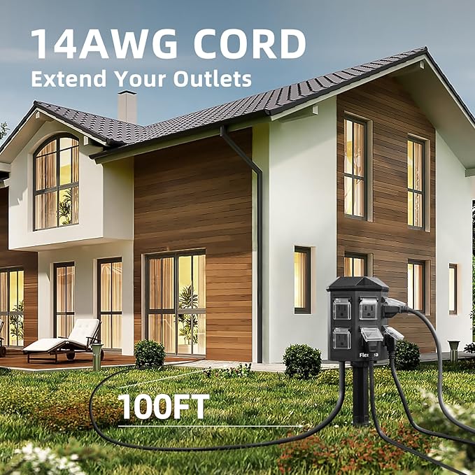 Outdoor Power Strip Waterproof, 100 FT Extension Cord, 6 Grounded Outlets for Halloween/Christmas Decorations and Inflatables, 15A/1875W, ETL Listed