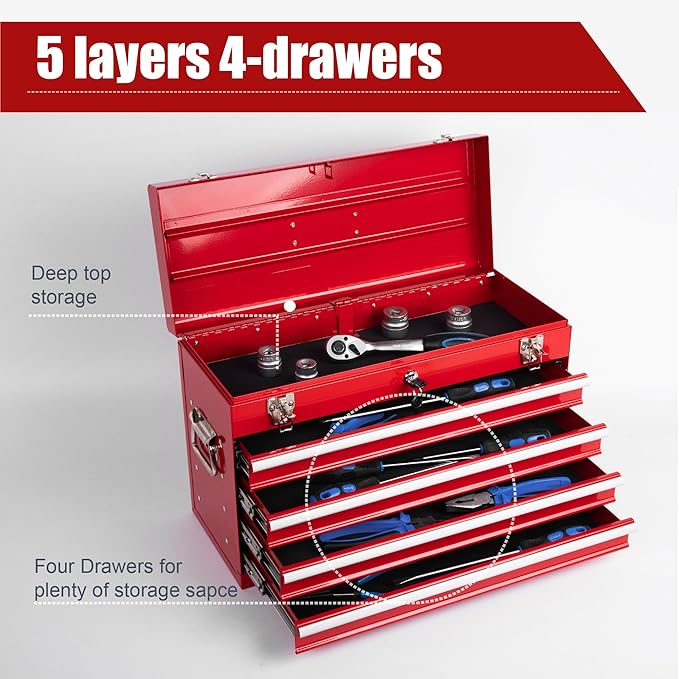 4 Drawers Metal Tool Box, 21" Portable Steel Tool Chest w/Key Lock & Latch Closure, Multi-Function Top Storage Tray Toolbox w/Powder Coating & Ball Bearing Slides for Garage & Workshop (Red)