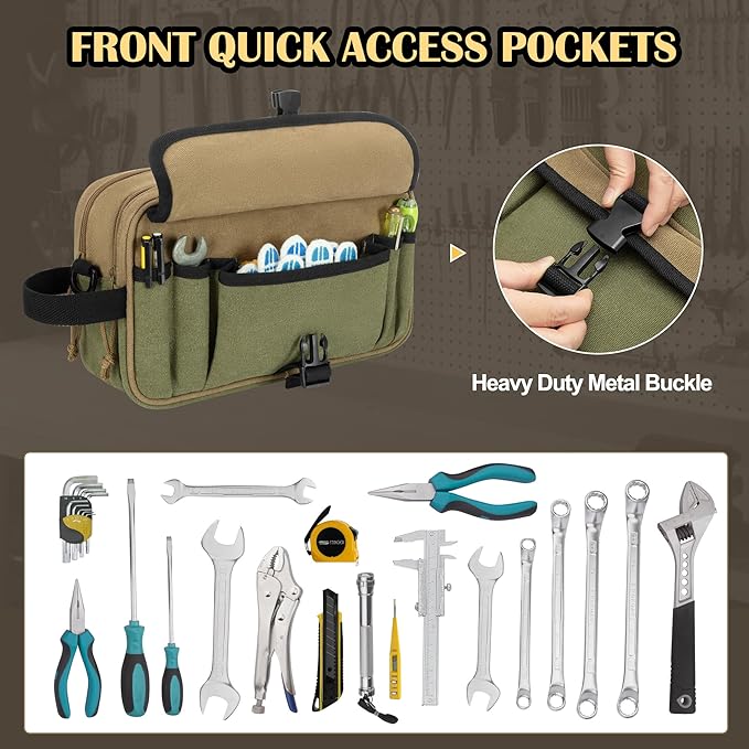 Small Canvas Tool Pouch with Zipper, 12 Inch Tool Organizer Bag, Double Layer Utility Storage Bag with Shoulder Strap for Electrician, Khaki/Green (Empty Bag)