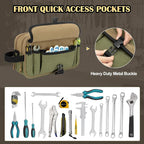 Small Canvas Tool Pouch with Zipper, 12 Inch Tool Organizer Bag, Double Layer Utility Storage Bag with Shoulder Strap for Electrician, Khaki/Green (Empty Bag)