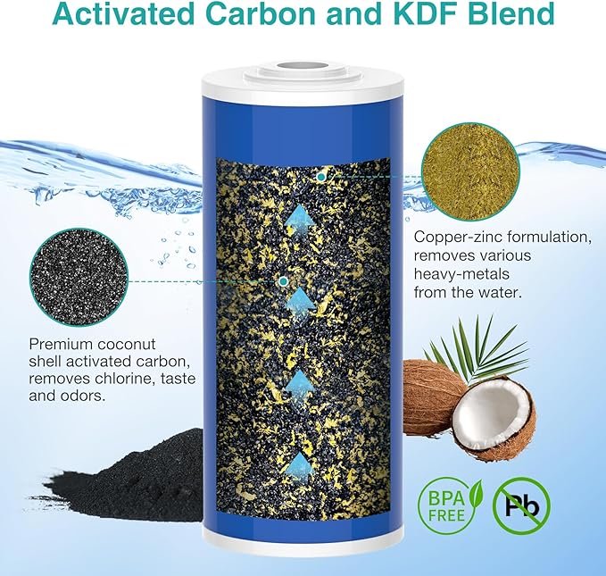 SimPure 10" x 4.5" Carbon and KDF Filters, Whole House KDF/GAC Heavy Metal Water Filter Cartridge Replacement for DB10C-2KDF, DB10P (6 Pack)