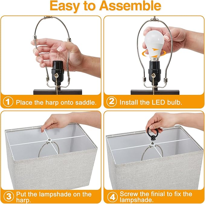 Luvkczc Nightstand Lamps Set of 2 with USB C+A Ports, 24'' Tall Table Lamp with Two 3000K LED Bulbs, Linen Lampshade, Modern Bedside Lamp for Living Room, Bedroom Reading,Grey