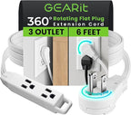 GEARit 360 Rotating Flat Plug Extension Cord (6ft, White) Multi 3-Outlet Extension 16 AWG Wire, Adapter for Small Spaces, Right Angle Socket, ETL Certified - 6 Feet