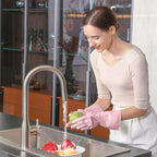 COOLJOB Medium Household Rubber Gloves with Cotton Liner & Non-slip Grip, Waterproof Long Lasting Dishwashing Gloves for Kitchen & Bathroom Cleaning, Light Pink, 1 Pair