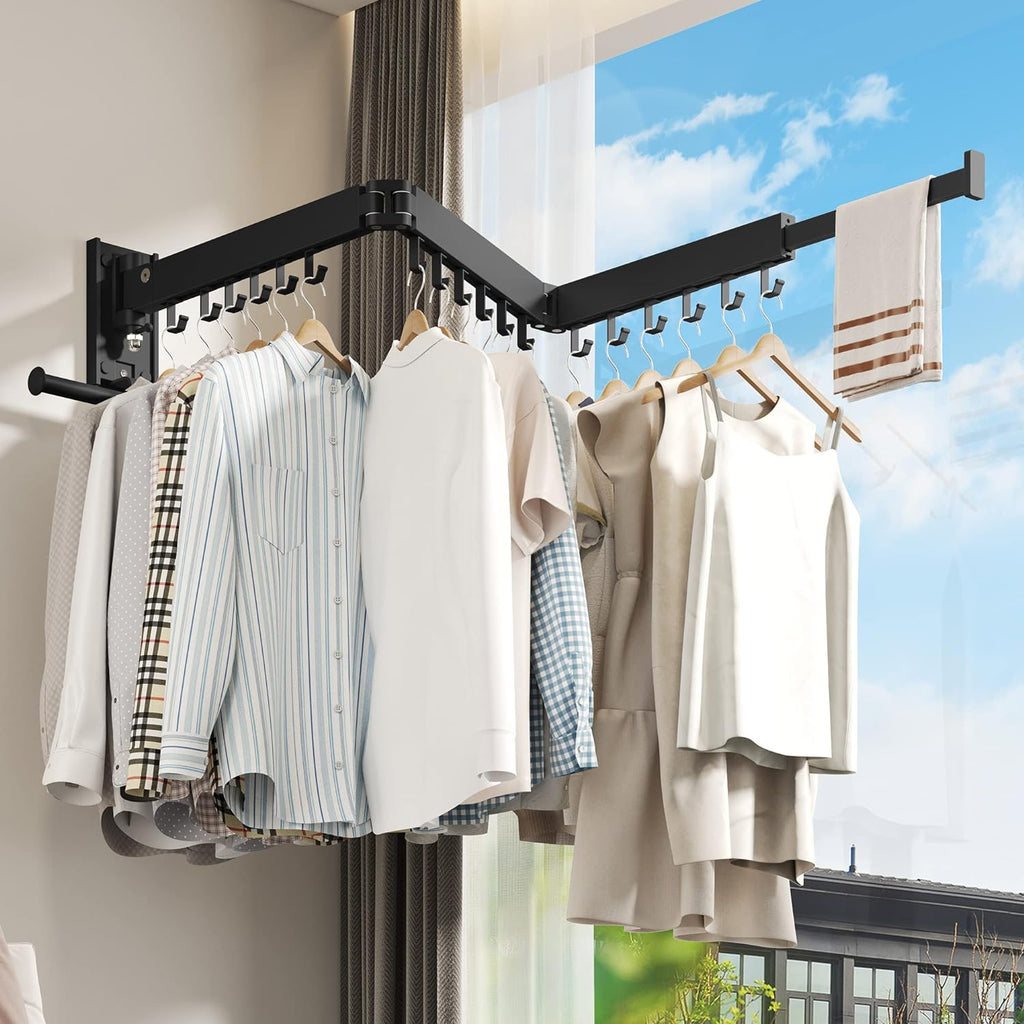 Drying Rack Clothing, Retractable Clothes Drying Rack,Wall Mounted Laundry Rack, Laundry Drying Rack Wall Mount,Collapsible Clothes Rack,can Fold Upward & Left & Right,Black Color