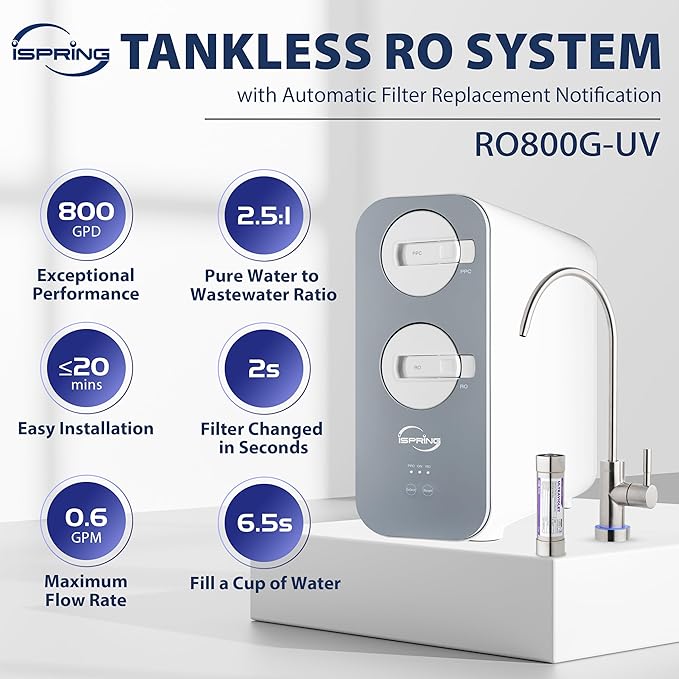 iSpring RO800G+UVF8 Tankless Reverse Osmosis System with LED UVF8 Light, 800 GPD Fast Flow RO System, 2.5:1 Pure to Drain Ratio RO Water Filter System, Brushed Nickel Faucet
