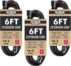 3 Pack 6 Ft Outdoor Extension Cord, Black 16/3 Heavy Duty Cable with 3 Prong Grounded Plug for Safety