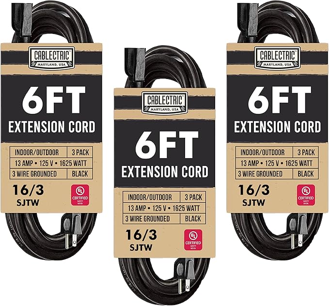 3 Pack 6 Ft Outdoor Extension Cord, Black 16/3 Heavy Duty Cable with 3 Prong Grounded Plug for Safety