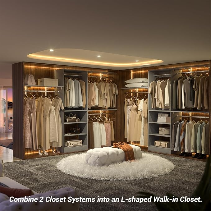 Armocity 96'' Closet System, 8FT Walk In Closet Organizer with 3 Shelving Towers, Heavy Duty Bedroom Wardrobe with 5 Shelves, Wall Mounted Clothes Rack (Can Be Cut To Fit), 96"L x 16"W x 75"H, Grey