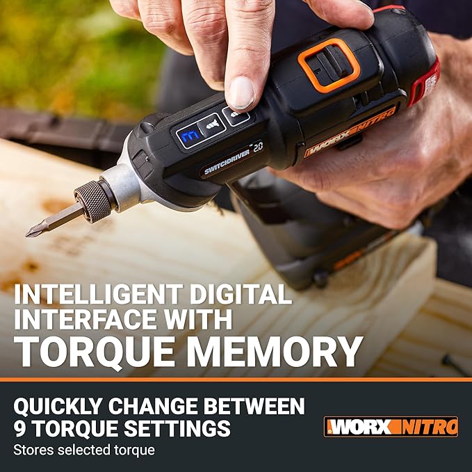 Worx Nitro 20V SwitchDriver 2.0 - 2-in-1 Brushless Cordless Drill Driver With Rotatable Dual 1/4" Chucks, Compact Design, Digital Torque Setting WX177L (Battery & Charger Included)