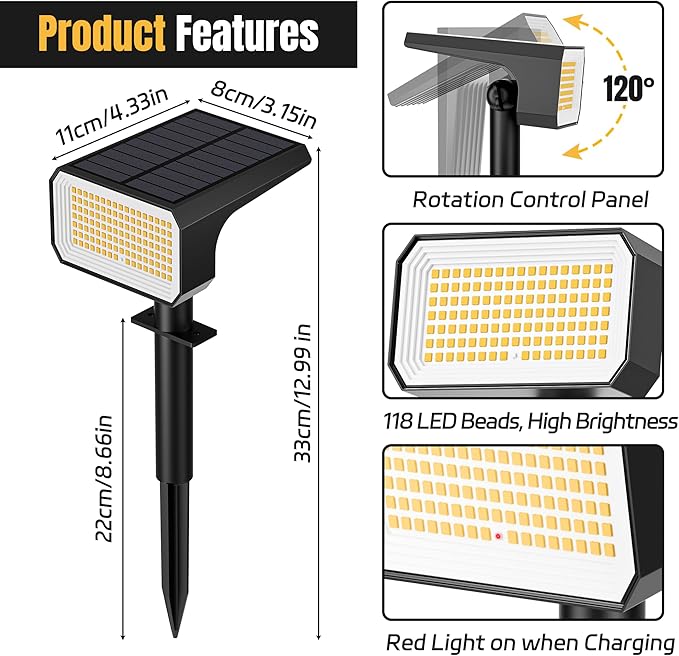Solar Spot Lights Outdoor, [10 pack/118 LED] 4 Modes Auto On/Off Solar Landscape Spotlights, Ip67 Waterproof Solor Powered Pathway Lights for Outside Yard Garden Walkway Tree Patio (Warm White)