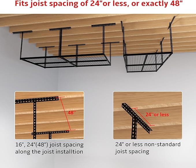The Atlas Pro 4 x 8 ft Overhead Garage Storage Rack, Ultra Duty 1250lbs Weight Capacity, Adjustable Height 26"-48", Hammertone